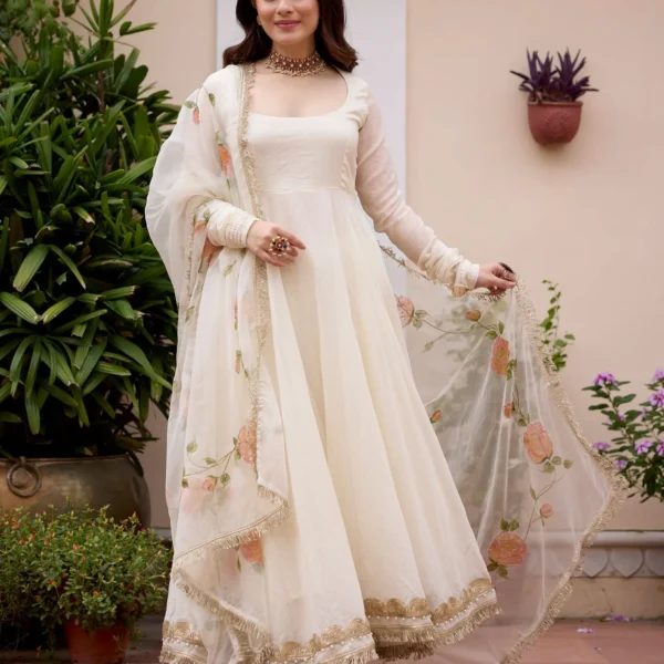 Gulnaar Off White Handpainted Chanderi Suit Set