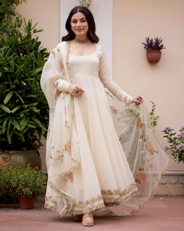 Gulnaar Off White Handpainted Chanderi Suit Set