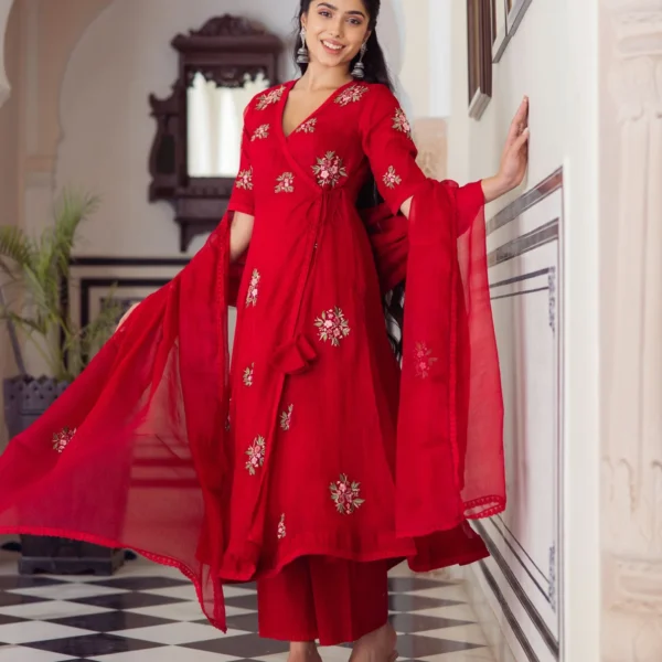 Ruby Red Embroidered Doria Suit Set
