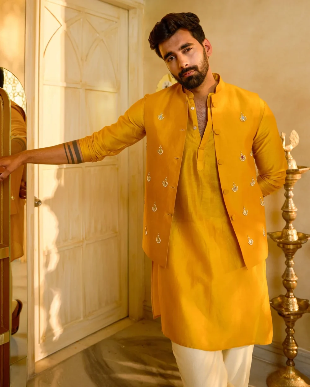 Balraj Yellow Embroidered Chanderi Jacket And Kurta Set