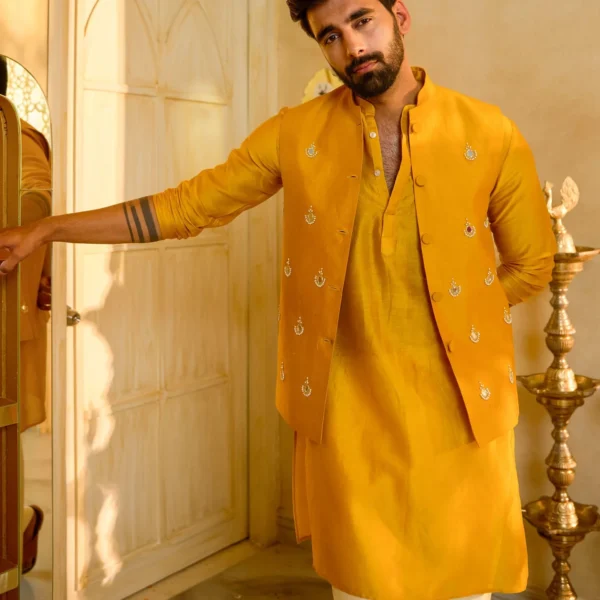 Balraj Yellow Embroidered Chanderi Jacket And Kurta Set