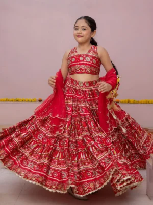 Nashra Red Printed Chanderi Lehenga Set