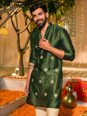 Devrat Dark Green Embroidered Chanderi Kurta