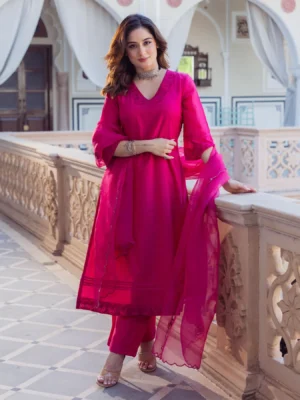 Hanya Magenta Embroidered Chanderi Suit Set