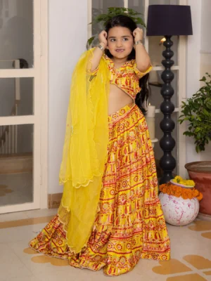 Hipsa Yellow Printed Chanderi Lehenga Set