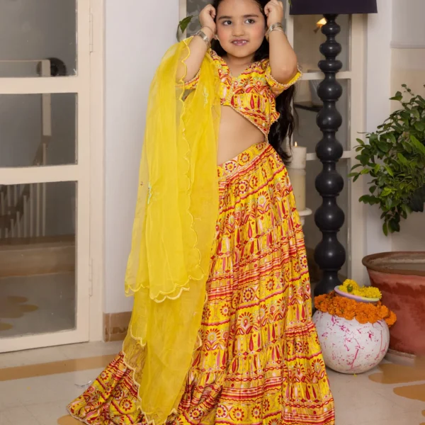 Hipsa Yellow Printed Chanderi Lehenga Set