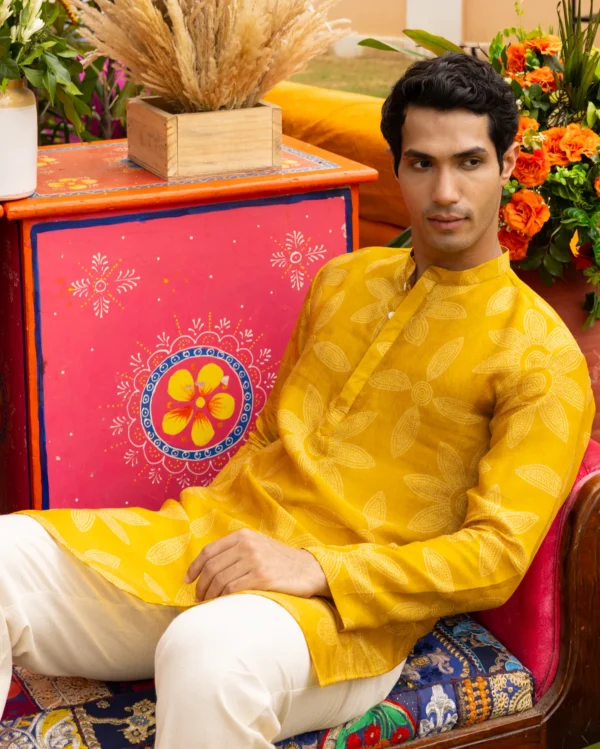 Yuvan Yellow Bandhani Chanderi Kurta