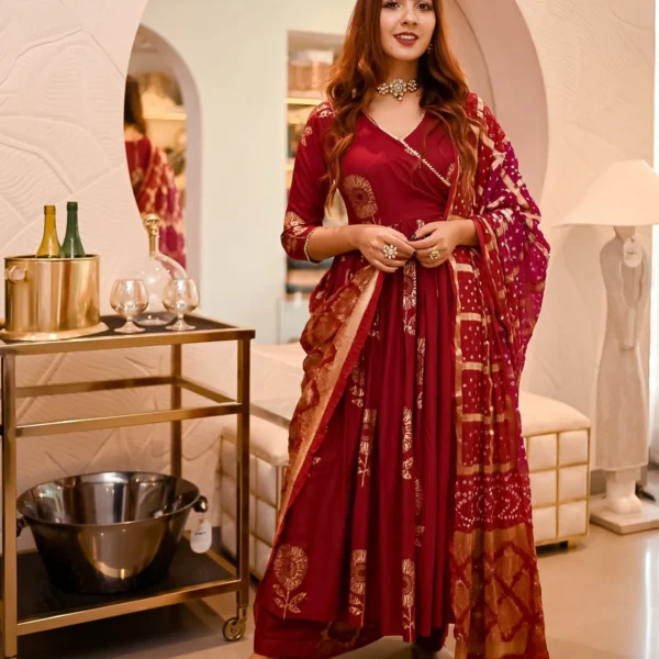 Maroon Angrakha Bandhej Suit Set