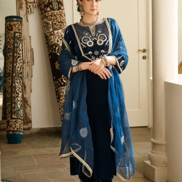 Jai Blue Embroidered Velvet Suit Set