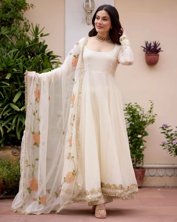 Gulnaar Off White Handpainted Chanderi Suit Set