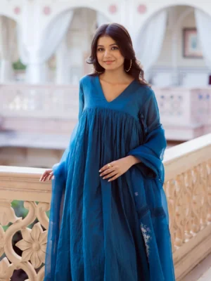 Desi Blue Embroidered Chanderi Suit Set