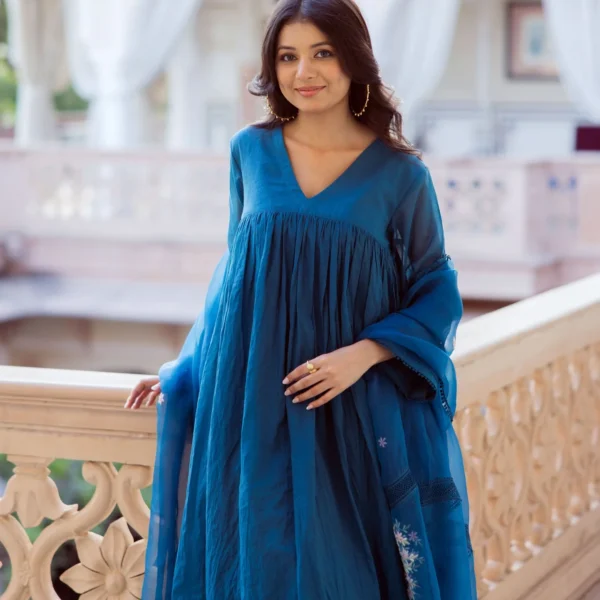 Desi Blue Embroidered Chanderi Suit Set