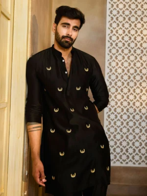 Prithvi Black Embroidered Chanderi Kurta