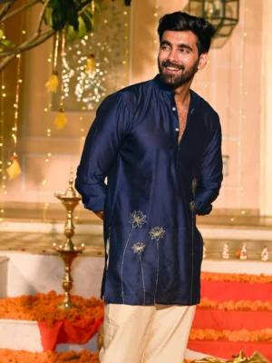 Neelkanth Navy Embroidered Chanderi Kurta