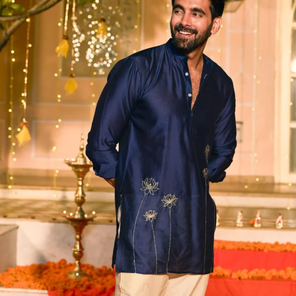 Neelkanth Navy Embroidered Chanderi Kurta