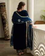 Jai Blue Embroidered Velvet Suit Set