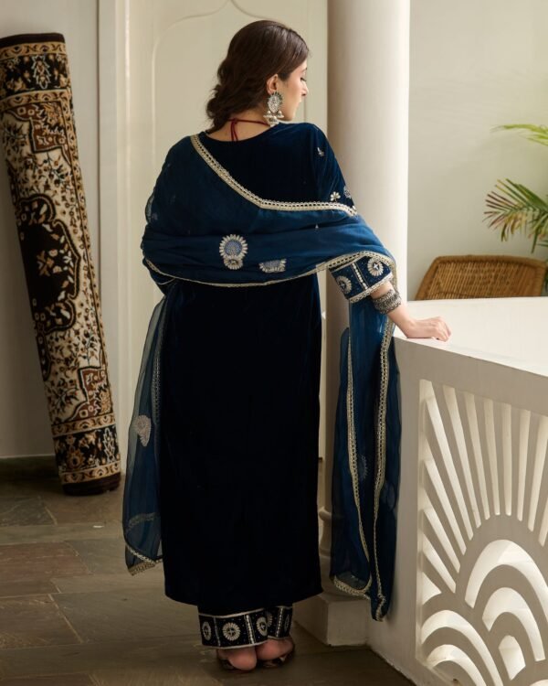 Jai Blue Embroidered Velvet Suit Set